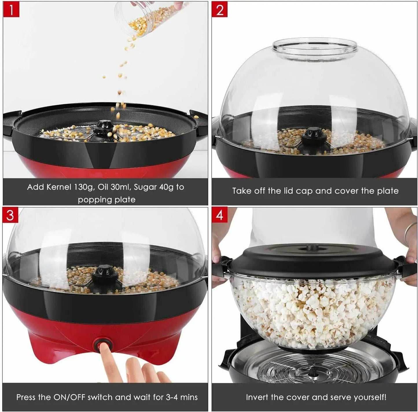 Popcorn Machine, 6QT Popcorn Maker, 800W Electric Stirring Popcorn Popper with Quick-Heat Technology,Removable Non-Stick