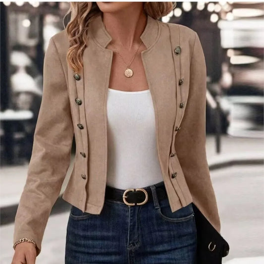 Spring Auutmn Jacket Blazer Coat Double-breasted Stand Collar Buttons Slim Long Sleeves Retro Cardigan Women Outdoor Suit Jacket