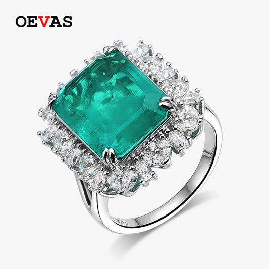 OEVAS 100% 925 Sterling Silver 12*15 Synthetic Emerald High Carbon Diamond Rings For Women Sparkling Wed Party Fine Jewelry Gift