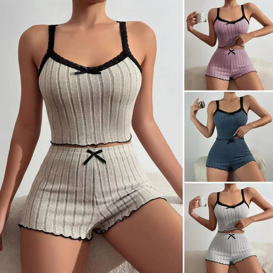 Suit Suspender Shorts Sexy Bow Print Milk Silk Suit Comfortable Home Wear Women's Pajama Suit