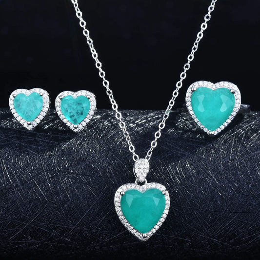 Silver Color Heart Shape Paraiba Tourmaline Gemstone Earrings Ring Necklace for Women Ladies Trendy Vintage Jewelry Party Gift
