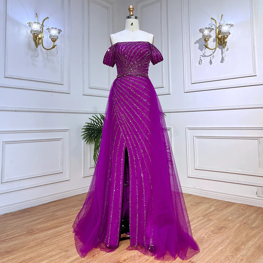 Serene Hill Blue Sexy Boat Neck Split Mermaid Elegant Beaded Arabic Evening Dresses Gowns Customize Wedding Party 2025 BLA71858