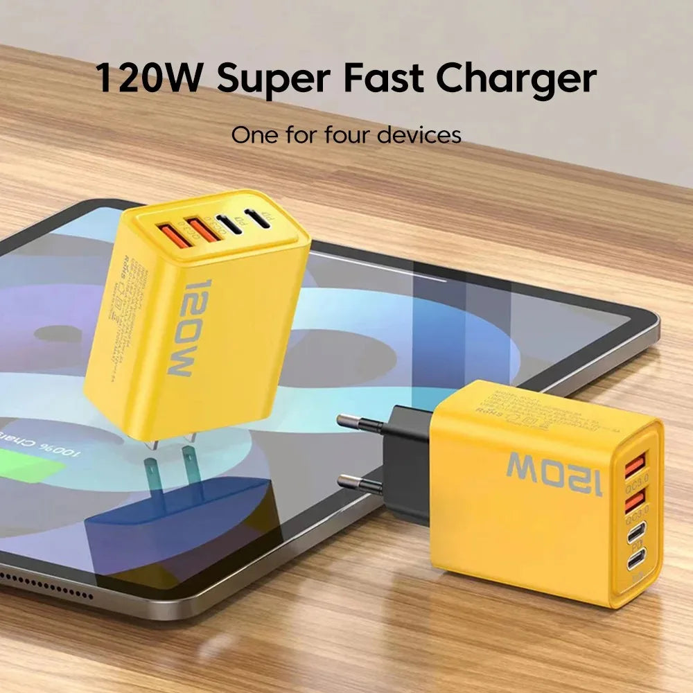 Total 120W USB Fast Charger 4Port  PD Quick Charging USB 3.0 Type C EU US Plug Charger For Xiaomi iPhone 15 Pro Max Wall Adapter